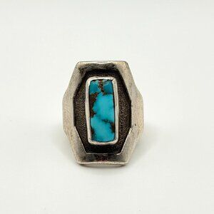 925 Vintage Geometric Sterling Silver & Turquoise Ring 6.5